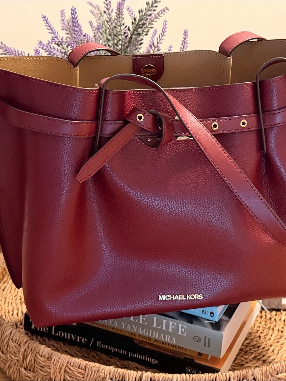 Michael Kors Red Leather Pebbled Tote with Gold-Tone Accents